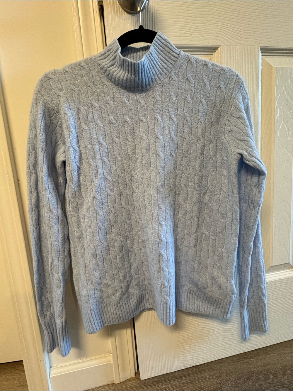 Women’s Light Blue Cable Knit Mock Neck Sweater